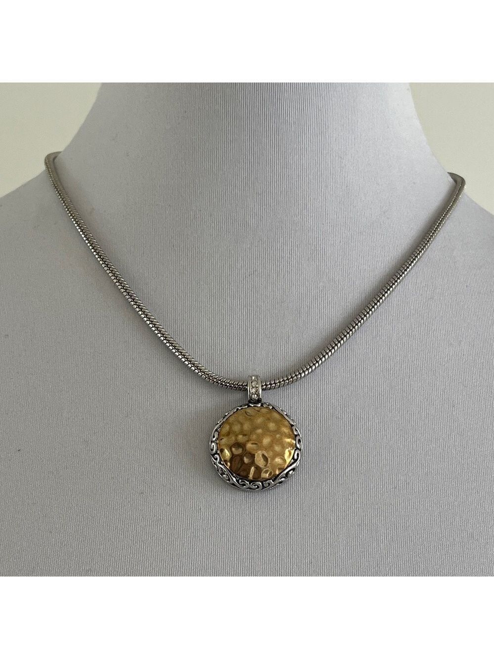 NECKLACE Hammered Gold Tone Circle Pendant Silver Tone Heavy Snake Chain Elegant